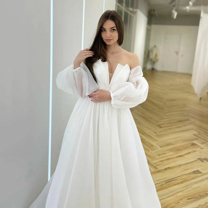 Strapless Ruched Neck Organza Wedding Dresses With Removeable Sleeves A-line Bridal Dress Floor Length Bridal Gown 20