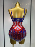 Shiny Rhinestones Tassel Bodysuit Performance Dance Singer Costume Evening Party Nightclub Stage Leotard Cheerleading Outfit