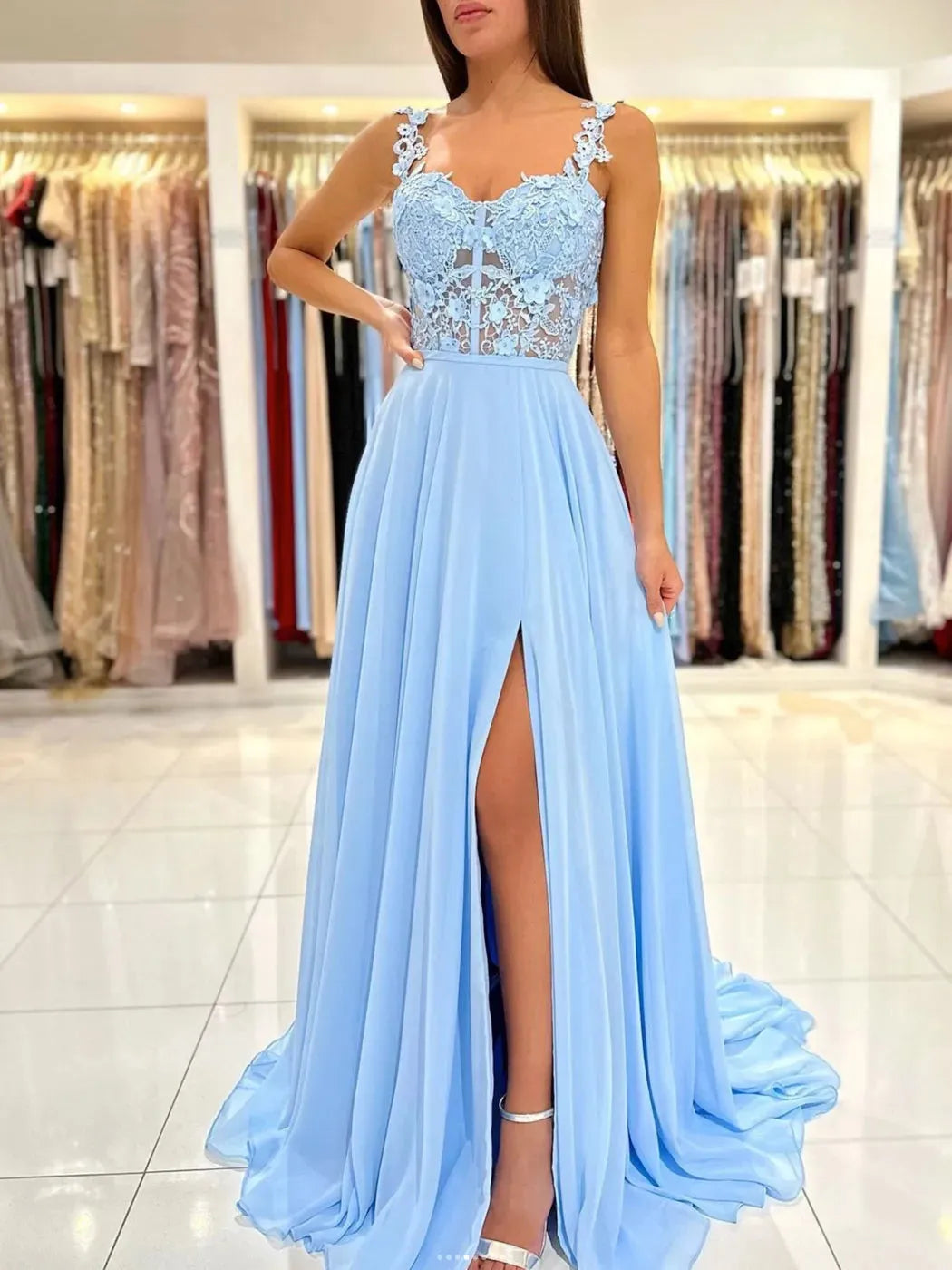 Blue Evening Dress A-Line Chiffon Long Prom Dress Lace Appliques Sweetheart Illusion See-Through Formal Party Gowns Sky blue
