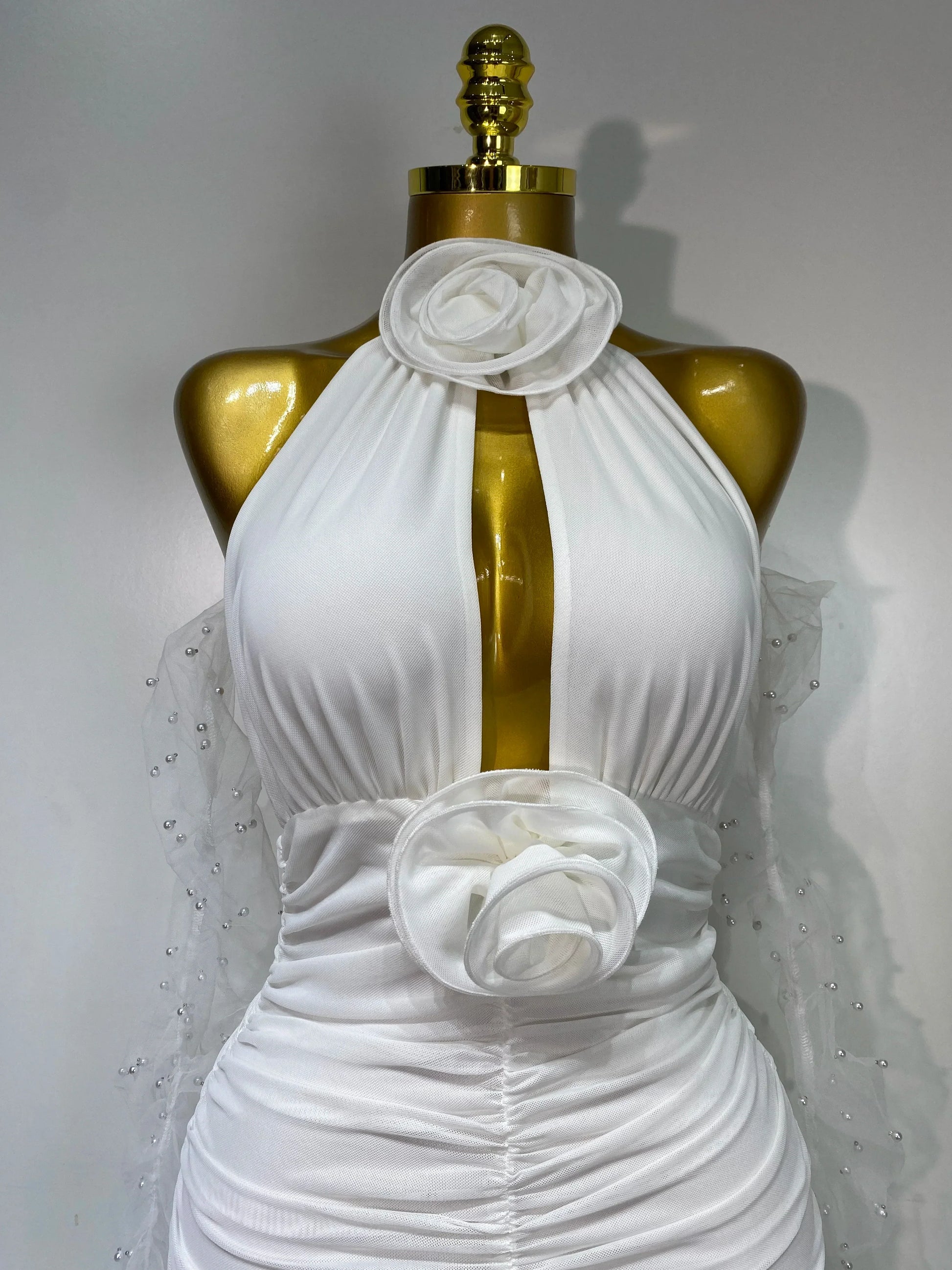 Women Sexy Cut Out Flower Pleated Bodycon Long Dress Celebrity White Elegant Evening Party Cocktail Luxury Birthday Dress