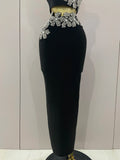 Sexy Strapless Flower Diamonds Black Maxi Long Bandage Two Piece Set Women Knitted Elegant Evening Club Party Prom Gowns