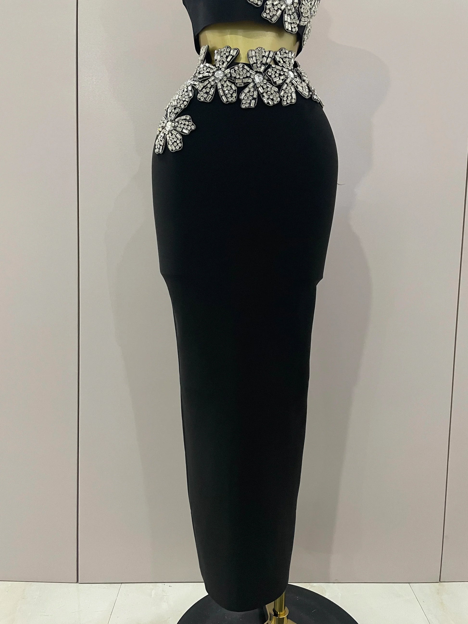 Sexy Strapless Flower Diamonds Black Maxi Long Bandage Two Piece Set Women Knitted Elegant Evening Club Party Prom Gowns