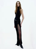 Urban Chic Black Halter Open Back & Slit Dress for Sophisticated Nights Party Evening Gown