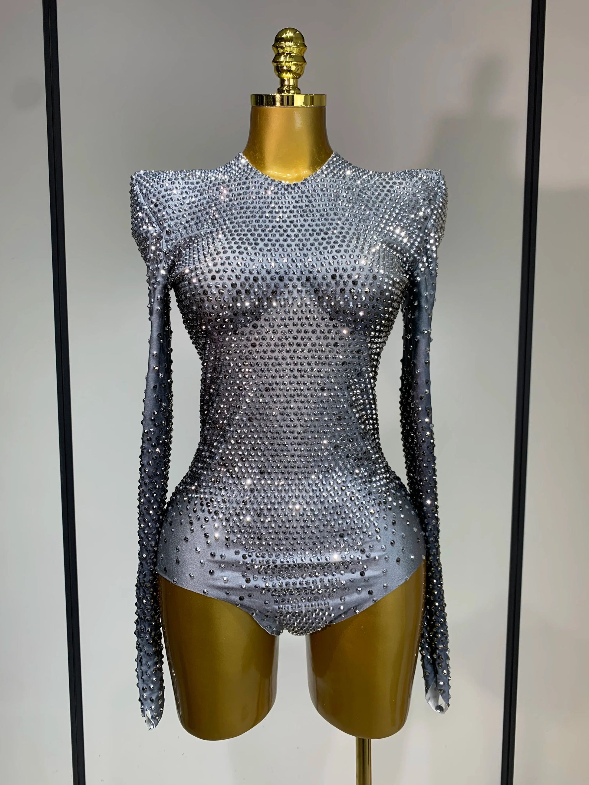 Sparkle Silver Rhinestones Stretch Bodysuits Women Luxury Birthday Evening Party Sexy Nightclub Singer Stage Costume Silver