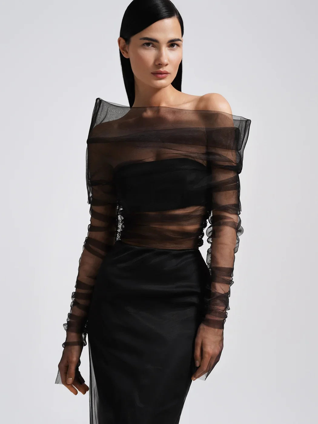 Impresionante ilusión negro sirena vestidos de noche pura manga larga fuera del hombro mujeres vestido Formal 2024 vestidos de fiesta personalizados