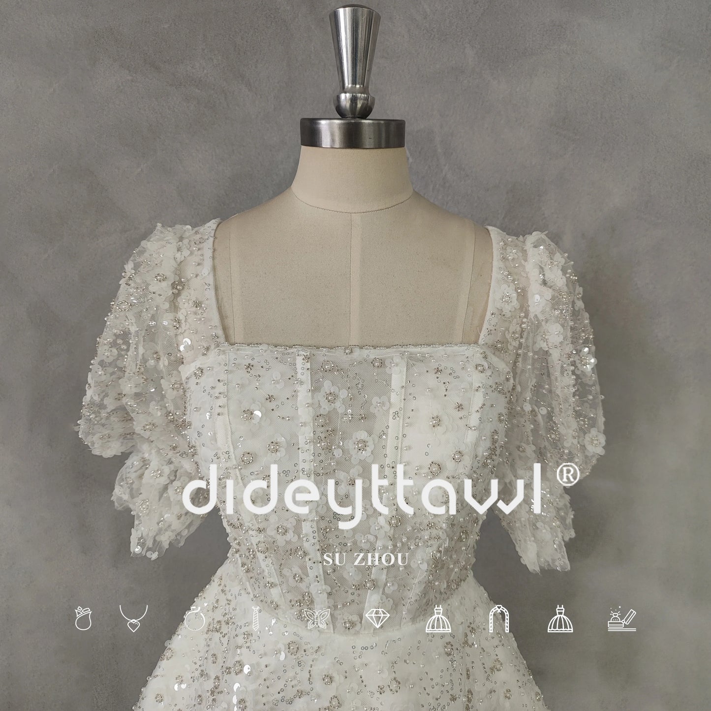 Lengan Puff-Neck-Neck Applique Tulle Mini Wedding Dress For Women A-Line Zipper Kembali Pendek Di Atas Lutut Adat Made