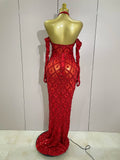 Sexy Sparkly Rhinestones Halter Mesh Long Dress With Gloves Women Celebrate Evening Wedding Prom Birthday Dress Shoot Wear