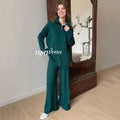 Casual Autumn Loose Knit Sweater Set Fashion Zip Lapel Long Sleeve Pullover Sweater & Straight Pants Two-piece Set as photo