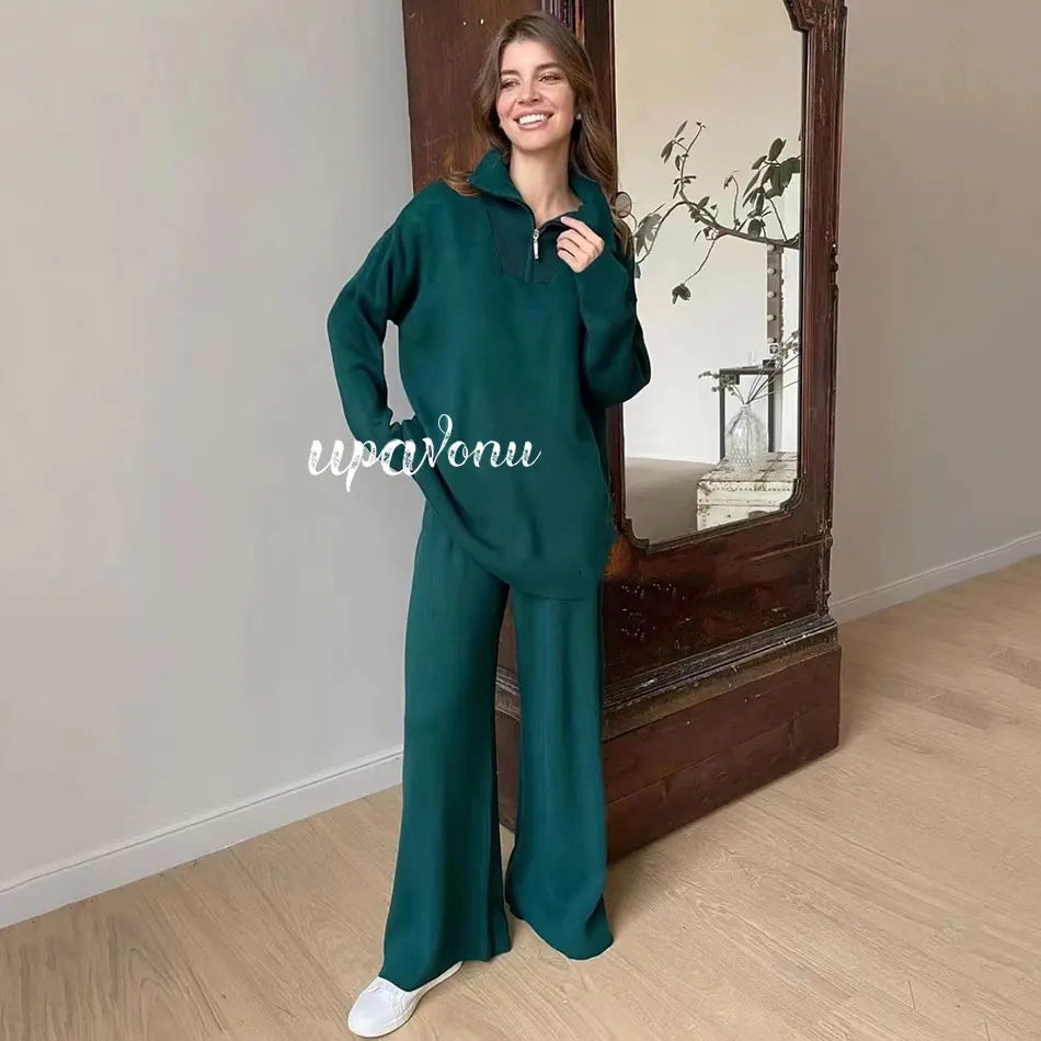 Casual Autumn Loose Knit Sweater Set Fashion Zip Lapel Long Sleeve Pullover Sweater & Straight Pants Two-piece Set as photo