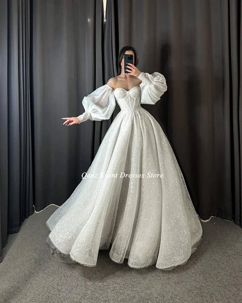 Glitter Tulle Ball Gown Robe De Noiva Wedding Dress Sweetheart Puff Sleeves Pleat Wedding Gowns Plus Size Amanda Novias