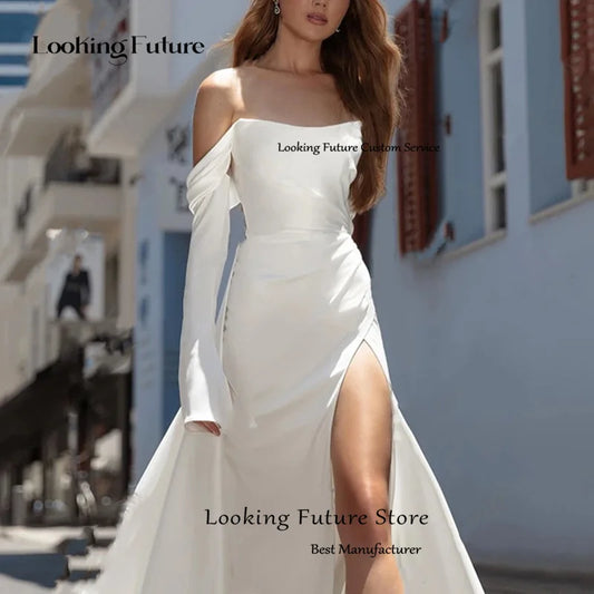 Elegancka satynowa syrena biała suknia ślubna dla kobiety z narzędzia Bride Suknia bez ramiączek iluzja długa bez pleców wysoka szczelina boczna