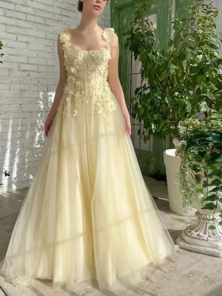Yellow Floral Prom Dresses Lace Applique Tulle with Belt Spaghetti Strap Long Sweep Train Graduation Homecoming Evening Gowns Yellow