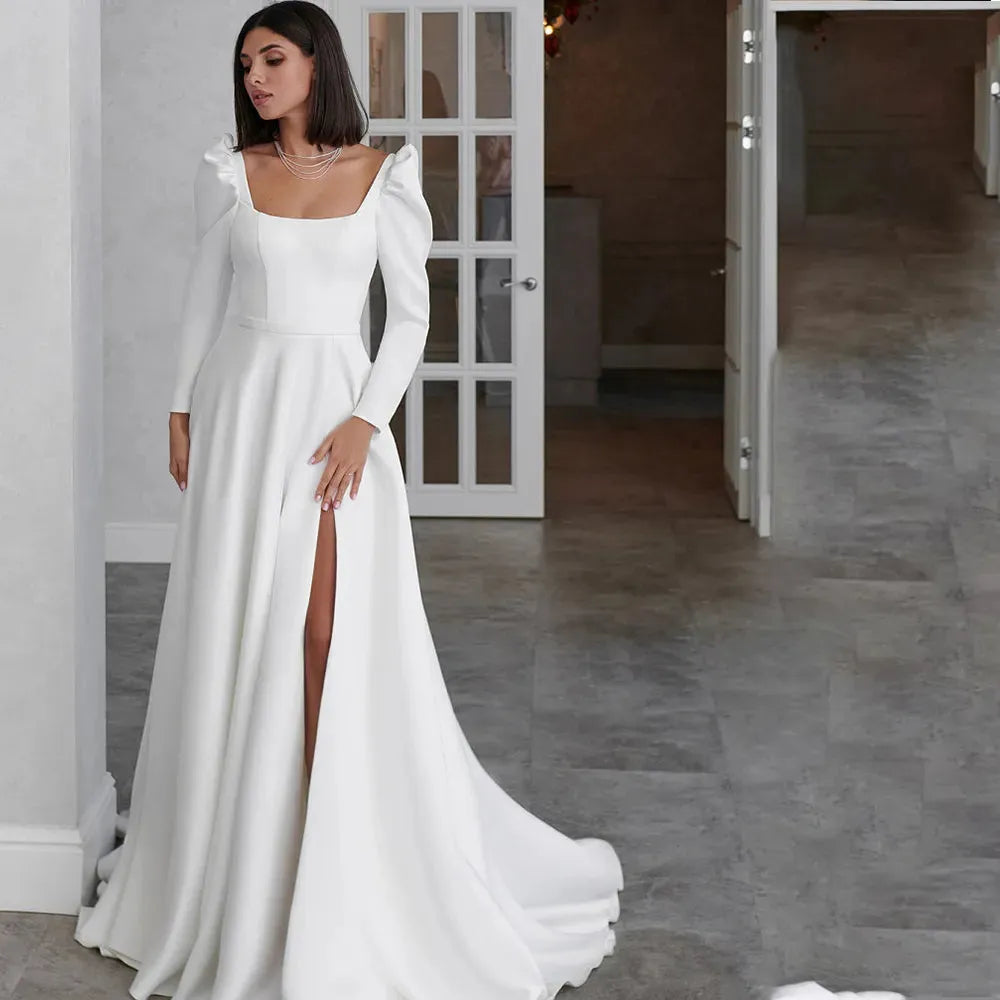 A-Line Wedding Dress Long Sleeve Square Collar Side Slit Simple Satin Open Back Beach Robe De Mariee Custom Made To Measures 14w Satin