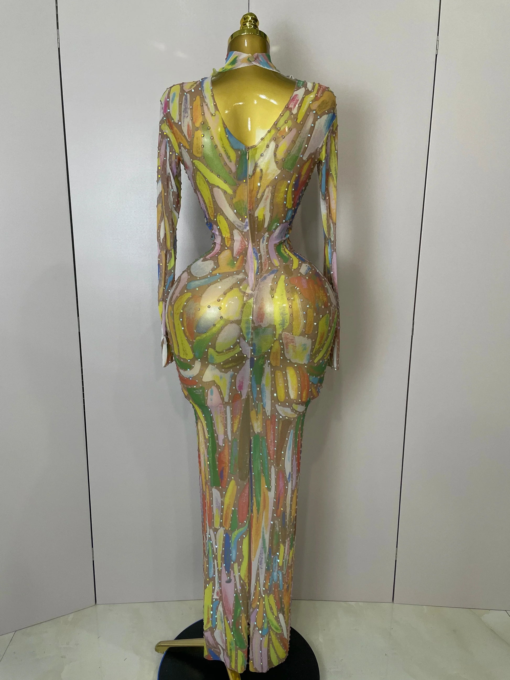 Sparkle Rhinestone High Neck Colorful Printed Long Dress Women Sexy Evening Birthday Celebrate Stage Performance Costume