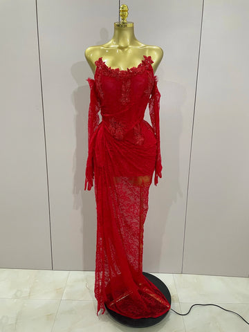 Women Sexy Strapless Backless Red Lace Split Maxi Long Bodycon Dress Celebrity Elegant Evening Club Birthday Party Outfit Red