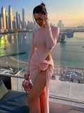 Pink Long Dresses For Women Chic And Elegant Long Sleeve Hollowed Out 3D Flower Pleated High Slit Celebrity Party Gown