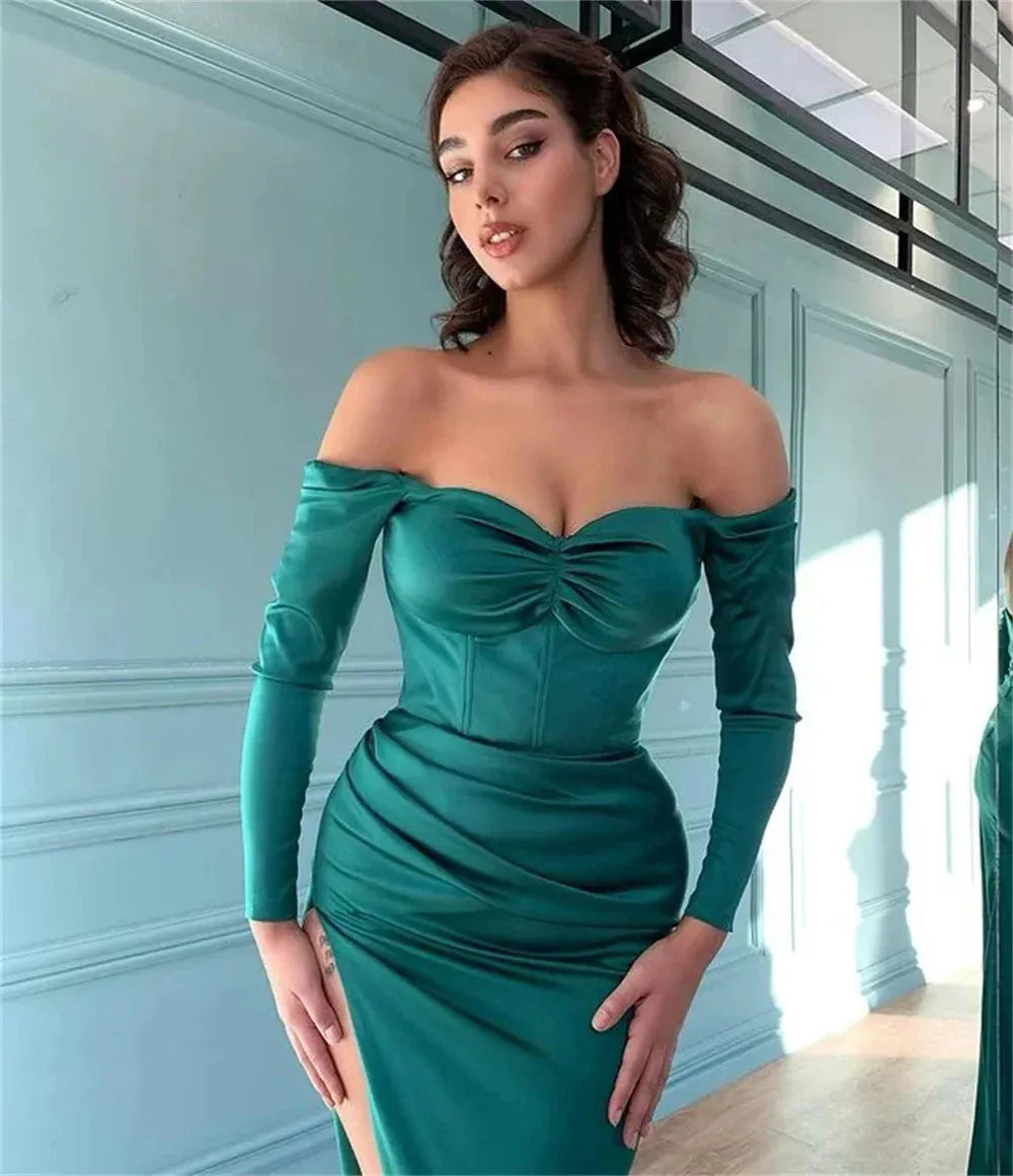 Green Mermaid Prom Dress Silk Long Sleeve Party Dresses Elegant Trumpet Evening Dress Sexy Side Split فستان سهرة