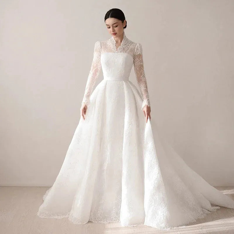 Elegant Princess Wedding Dresses Women A-Line Long Sleeve Lace Wedding Gown Boho Bridal Ball Prom Dress Customized