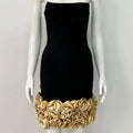 Black Strapless Short Bandage Dress Gold 3D Flowers Hemline Sleeveless Backless Floral Mini Prom Bodycon Cocktail Party Wear black