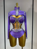 Sparkly Rhinestone Stage Outfit Women Long Sleeve Three Piece Set Dance Drag Queen Nightclub Evening Party Birthday Costume PURPLE