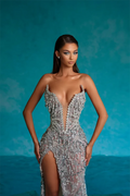 Luxury Diamonds Beading Sexy High Slit V-Neck Strapless Ankle Length Dress Goddess Dress Celebrity Evening Party Outfit