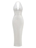 Sexy Women's Maxi Red Sparkle Dress with Hanging Neck Sleeveless Bodycon Backless Long Dresses Evening Club Party Vestidos Silver