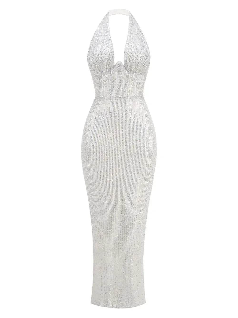 Sexy Women's Maxi Red Sparkle Dress with Hanging Neck Sleeveless Bodycon Backless Long Dresses Evening Club Party Vestidos Silver