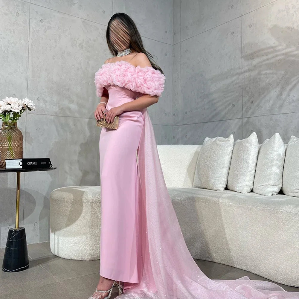 Baby Pink Off the Shoulder Prom Dresses Mermaid Satin فساتين السهرة Detachable Train Ankle-Length Vestidos De Noche