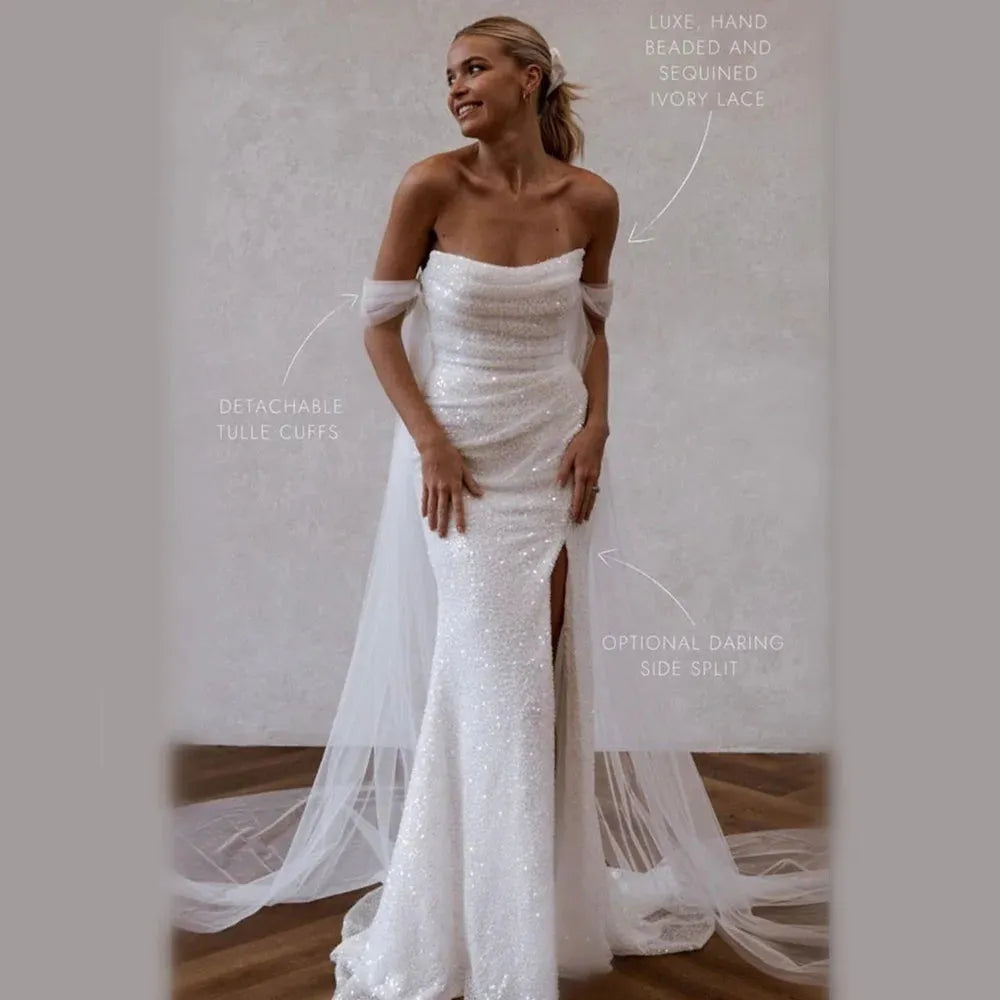 Glitter Beading Prom Dress Sexy Off Shoulder Evening Dress Sexy Side Split فستان سهرة Shiny Strapless Party Dresses Ivory