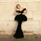 Couture Black Velvet Prom Dresses with Puffy Peplum Off the Shoulder Sheath Long Formal Party Dress Vestidos de fiesta