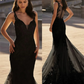 Vestido de novia de sirena bordado de encaje negro, vestidos elegantes sin mangas personalizados, vestido largo de tul de cola femenina