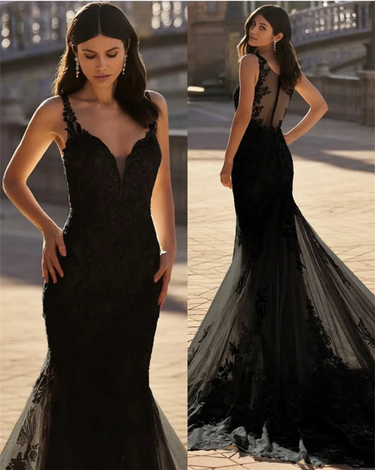 Vestido de novia de sirena bordado de encaje negro, vestidos elegantes sin mangas personalizados, vestido largo de tul de cola femenina