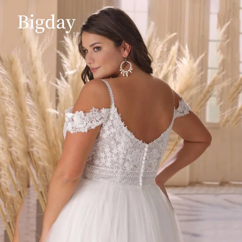 אלגנטית א-קו-פלוס שמלות כלה בגודל נשים פתוחות תחרה אחורית לבנה מהכתף מתוקה שמלת כלה vestidos de novia