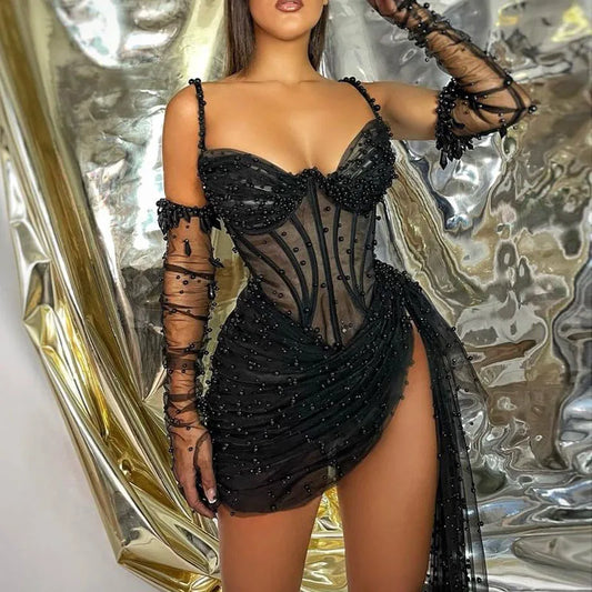 Chic Pearls Tulle Short Prom Dresses with Gloves Black Corset Mini Party Dress for Women 2022 vestidos elegantes para mujer
