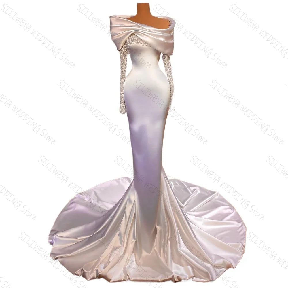 White Elegant Mermaid Evening Dresses Long Sleeve Beading Off The Shoulder Women Formal Prom Wedding Gowns as pictrure