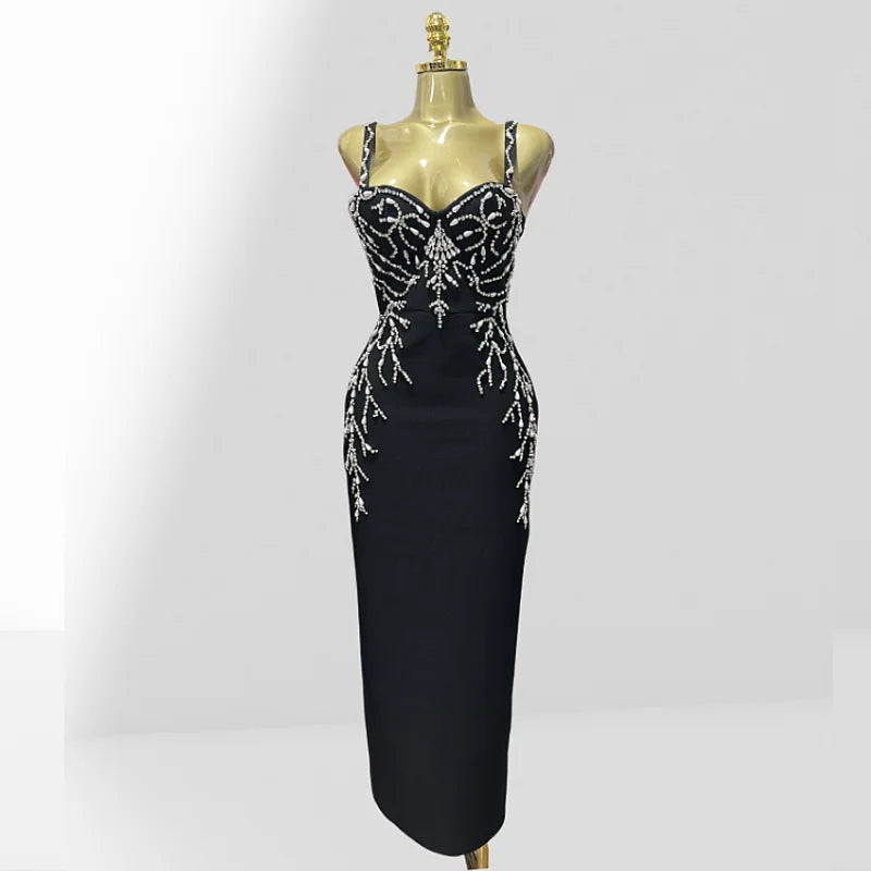 Luxury Diamonds Spaghetti Strap Black Bandage Ankle Length Dress Woman evening Party Dress Celebrity Birthday Party Outfit