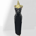 Luxury Diamonds Spaghetti Strap Black Bandage Ankle Length Dress Woman evening Party Dress Celebrity Birthday Party Outfit