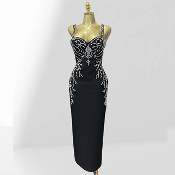 Luxury Diamonds Spaghetti Strap Black Bandage Ankle Length Dress Woman evening Party Dress Celebrity Birthday Party Outfit