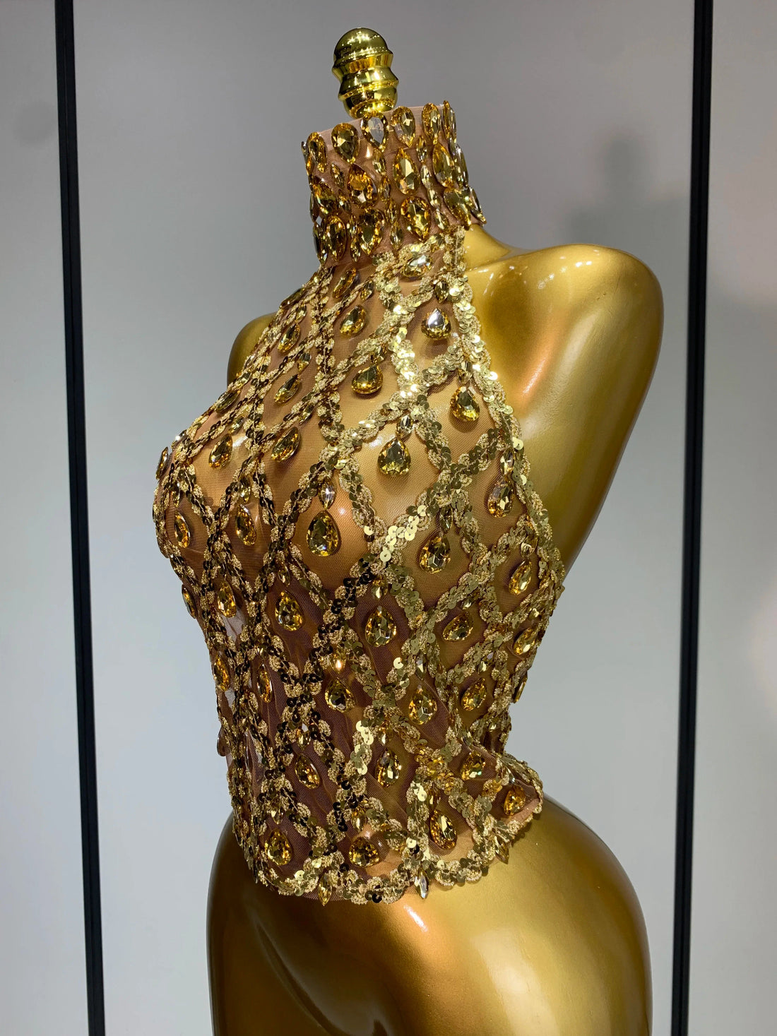 Shining Rhinestones Sexy Transparent Mesh Top Women Evening Party Celebrate Fashion Show Singer Dancer Nightclub Stage Costume Gold