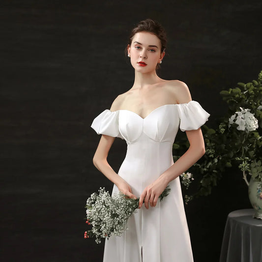 Französisch Weiß Satin Boot Hals Fuff Ärmeln Hochzeitskleid für Braut elegant sexy hohen Abend Lange Party Frauen formelles Kleid