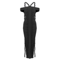 Braid Ribbon Ruched Bodycon Maxi Dress Women Off Shoulder Short Sleeves Slim Solid Evening Party Long Robe Gowns black