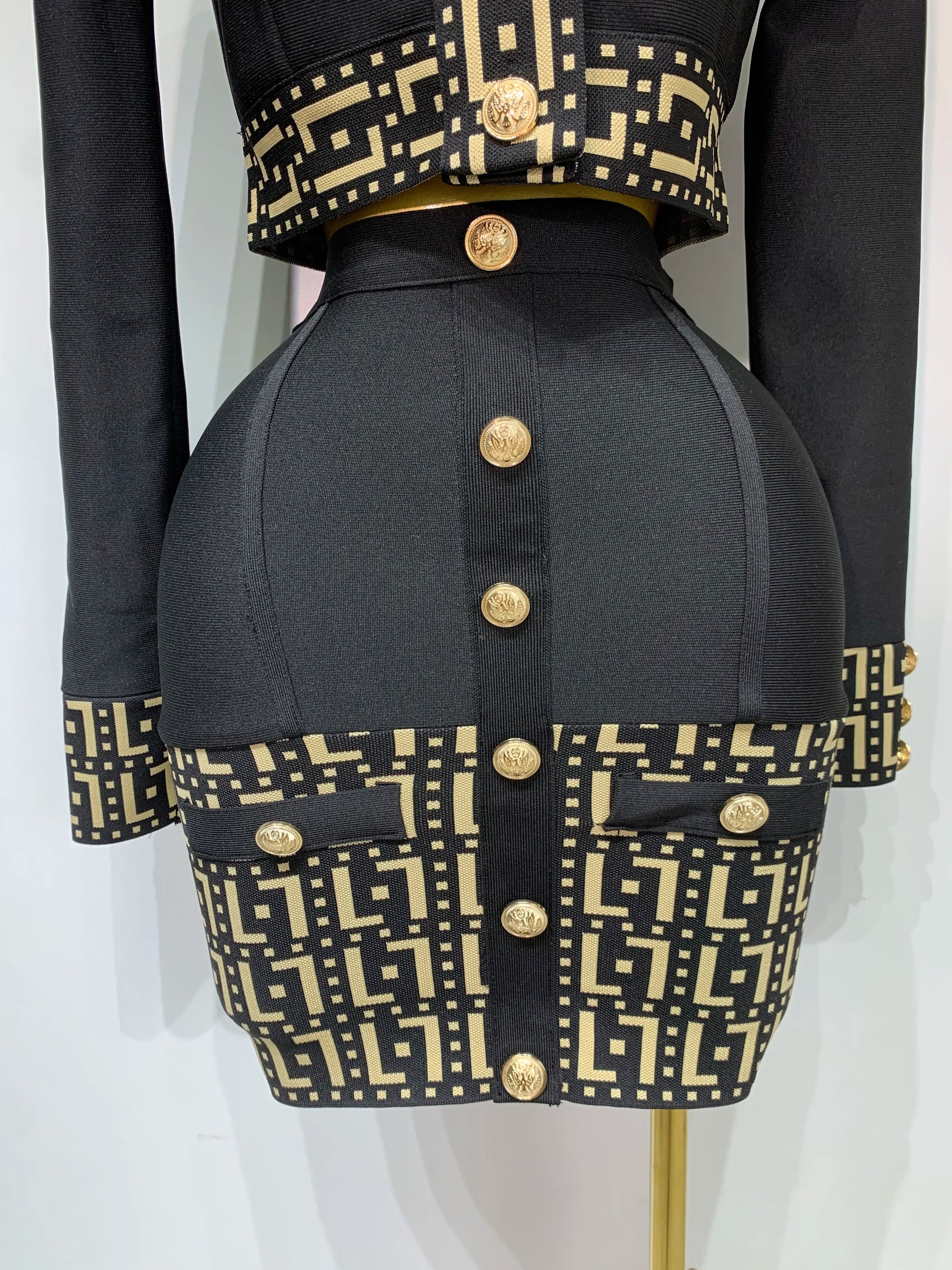 Women Black Long Sleeves Two Pieces Bandage Set Bottons Top Bodycon Mini Skirt Suit Evening Party Luxury Birthday Women's Outfit