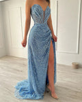 Light Blue vestidos de noche Heart Neck Mermaid Glitter Prom Dresses Elegant Floor-Length Side Split Formal Evening