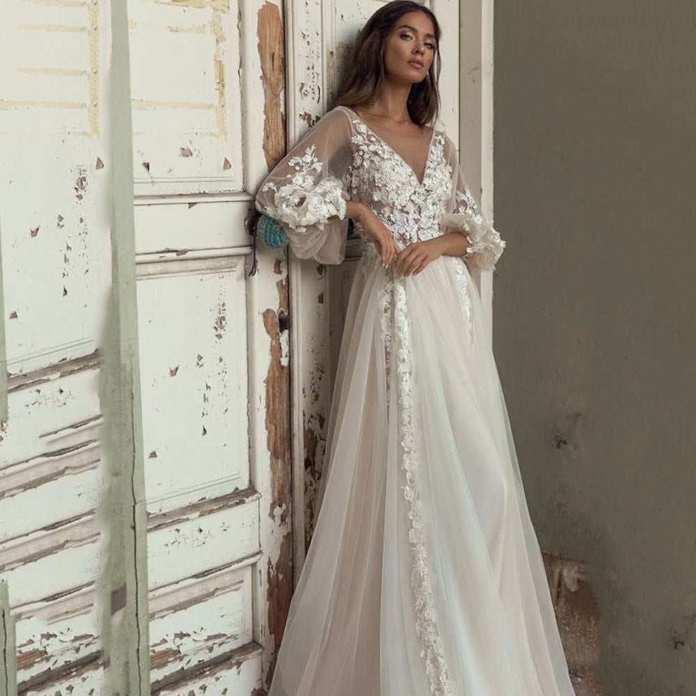 LAYOUT NICEB Boho Wedding Dresses Long Puff Sleeves Bridal Party Gowns Lace Flowers Tulle Sweep Train vestidos de novia playa