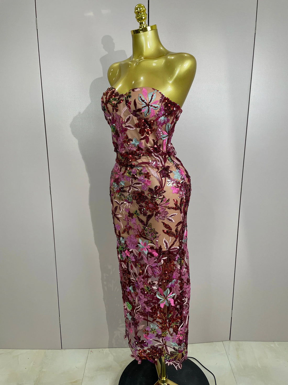 Sexy Strapless Floral Sequin Long Dress Women Sequins Flower Backless Long Slim Dress Evening Party Runway Gown Dress MULTI