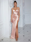 Elegant Evening Dress For Women Cocktail Prom Maxi Spaghetti Strap Wedding Guest Night Lady Gala Dresses Sexy V Neck Vestidos Pink