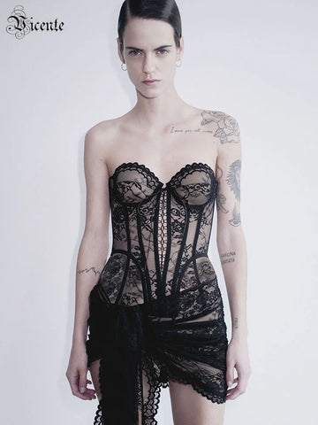 Fashion Black Lace Strapless Corset Mini Dress with Asymmetrical Skirt for Fashion-Forward Events Evening Gown