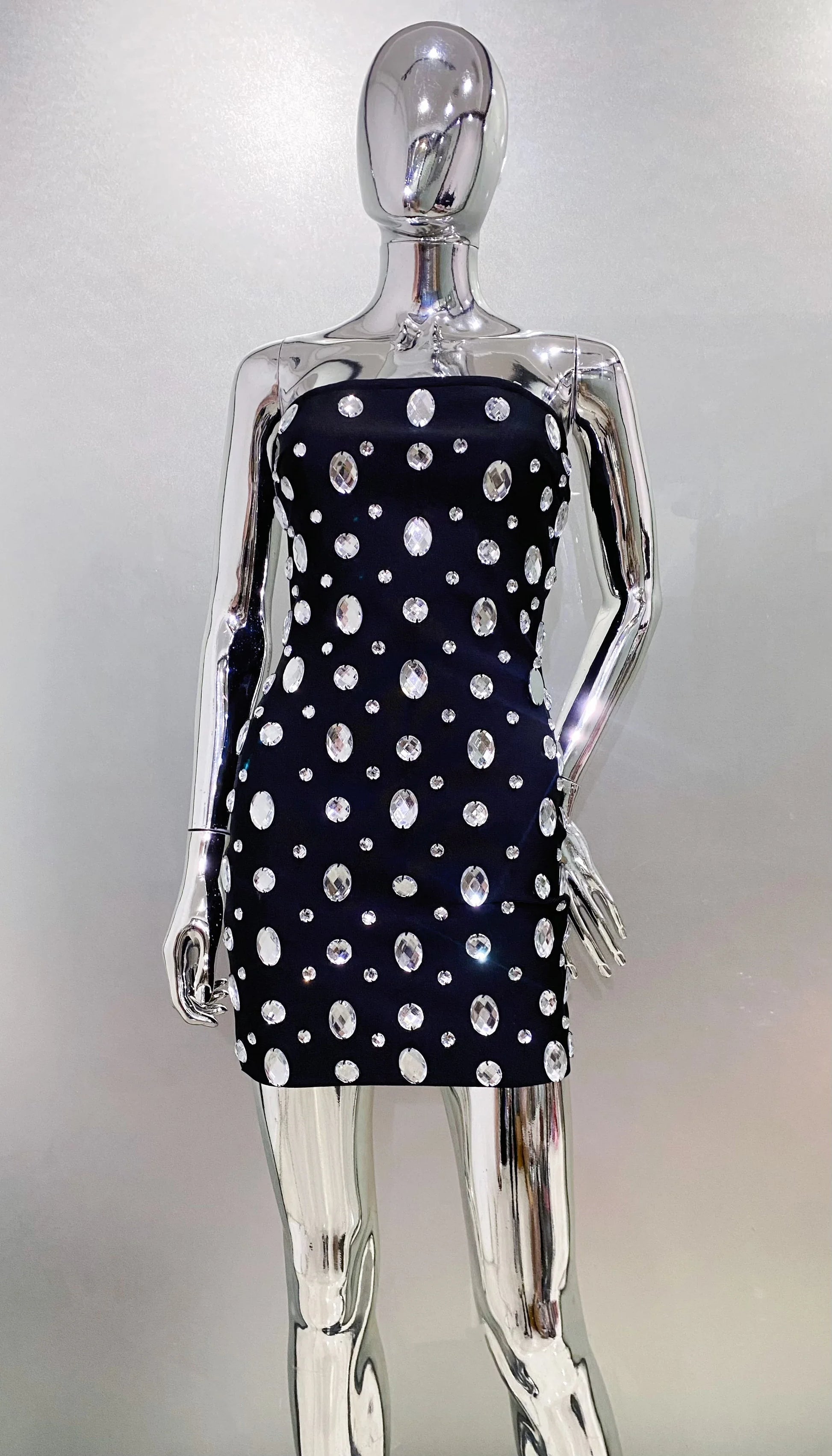 Luxury Sparking Diamonds Strapless Bandage Mini Evening Dress Sweet Woman Birthday Party Dress Performance costume black