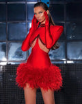 Gorgeous Feathers Sexy Hollow Out Red Mini Bandage Dress Fashion Woman Evening Dress Merry Christmmas Party Outfit