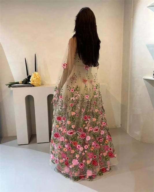 Elegantly Flower Embroidery فساتين سهره فاخره Tulle A-line Prom Dresses Sexy Halter Neck Shawl Vestidos De Noche